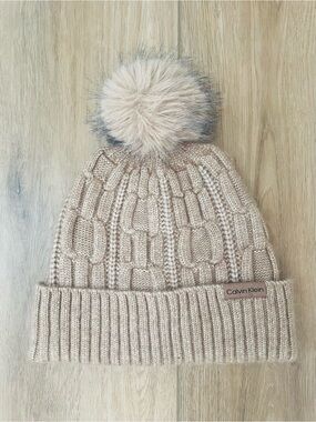 Calvin Klein Tan Ribbed Knit Beanie with Faux Fur Trim OS